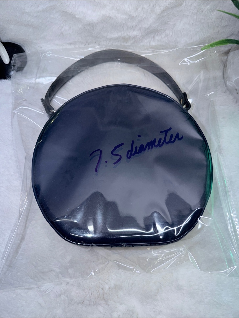Stunning Navy Patent Round Top-Handle Bag w/ Giant Rhinstone & Paisley Interior - Picture 6 of 6
